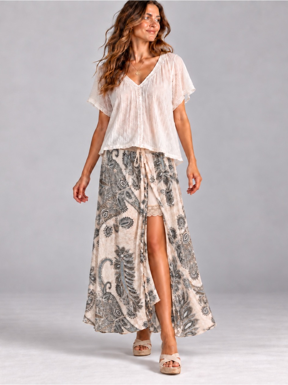 Scandal Italy Paisley Maxi Skirt With Slip OS